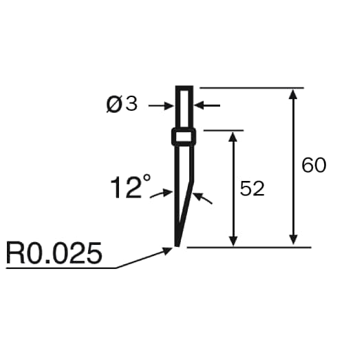 Stylus chisel/Contour d=3, L=60, ML=52, W1=12&deg; product photo Back View L